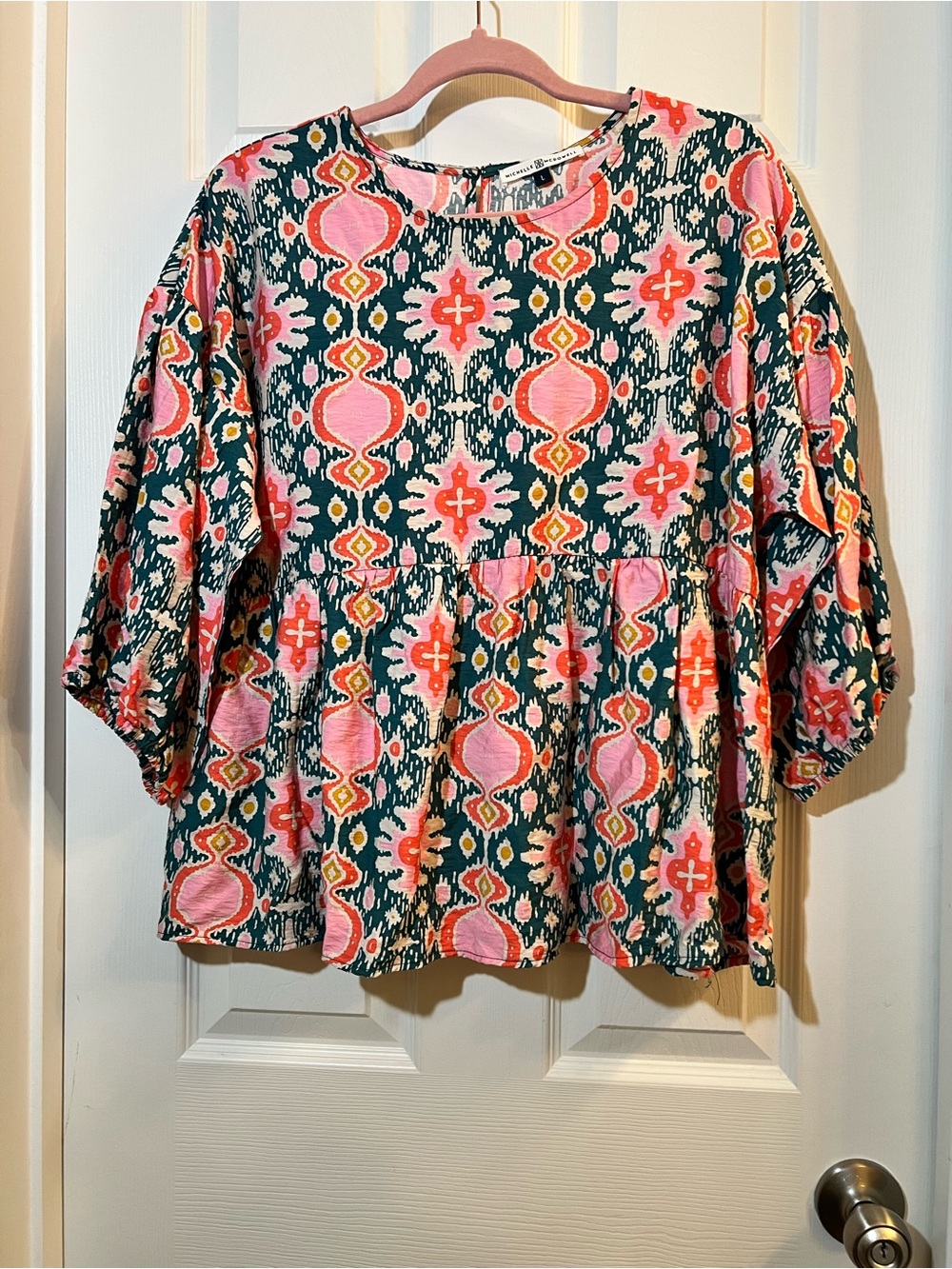 🦋 Boho Michelle McDowell Peplum Tunic Top in Pink and Teal size large